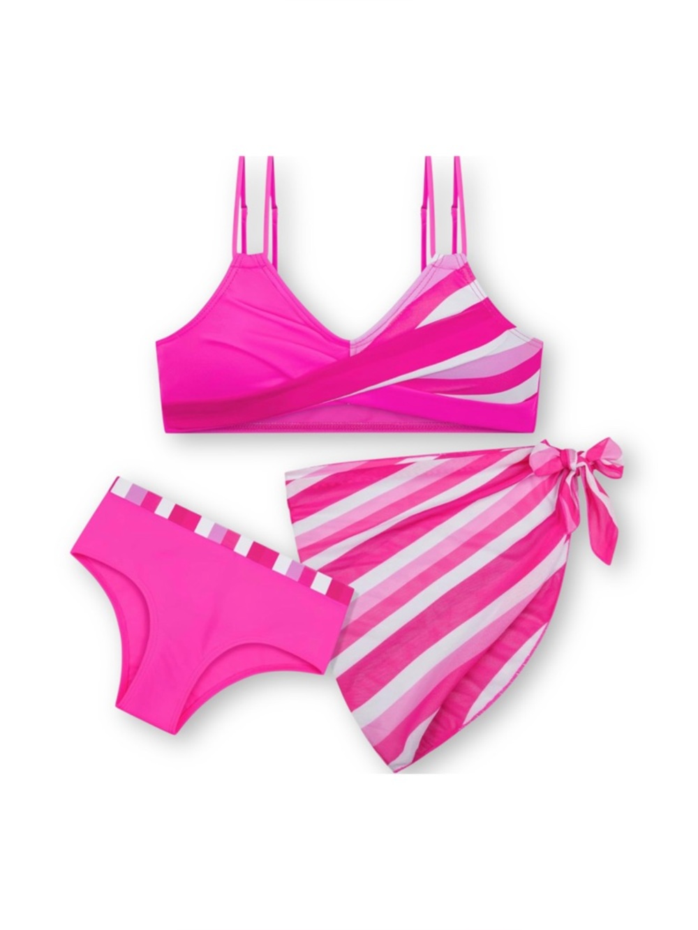 Bebila Girls Size 9-10 3Piece Swimsuit Set Hot Pink Color Block Bikini & Sarong